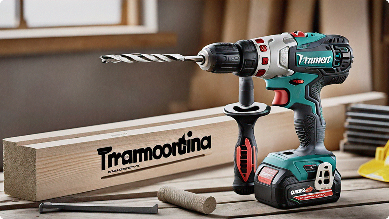A high-quality electric drill placed on a wooden workbench surrounded by various construction materials, with Vander and Tramontina branding visible on the materials.