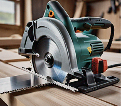 A close-up of a modern electric saw with a sharp blade positioned on a wooden workbench, symbolizing the 'Serra Elétrica'.