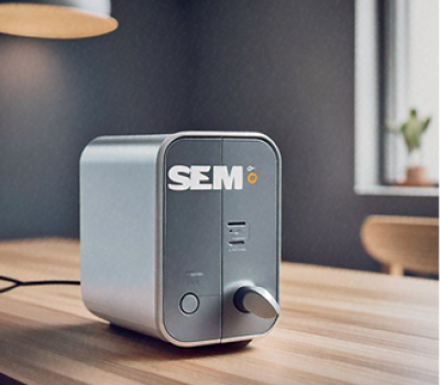 A compact electric device with a contemporary design positioned on a wooden table, representing the 'Furadeira Sem Fio'.