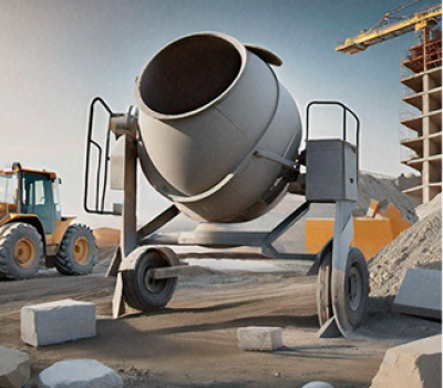A concrete mixer on a construction site surrounded by stones and construction materials, illustrating the 'Betoneira'.