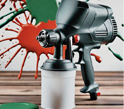 A paint sprayer positioned on a wooden surface with paint splatters around, symbolizing the 'Pulverizador de Tinta'.