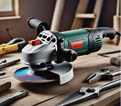 A powerful grinder with a rotating disc on a wooden workbench surrounded by various construction tools, depicting the 'Esmerilhadeira'.