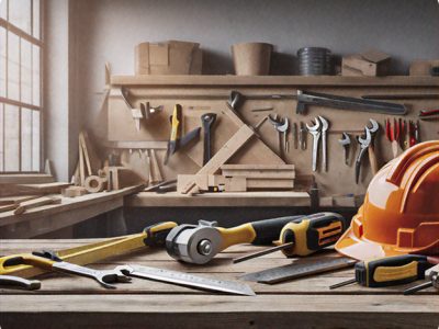 A variety of construction tools and materials arranged neatly on a wooden workbench in a bright workshop, featuring Vander and Tramontina branding.