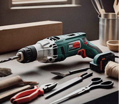 An electric tool positioned on a work surface surrounded by various utensils and materials, representing the 'Furadeira de Impacto'.