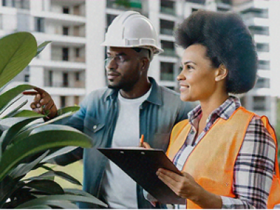 Um canteiro de obras com trabalhadores analisando plantas e discutindo o planejamento de um novo edifício.